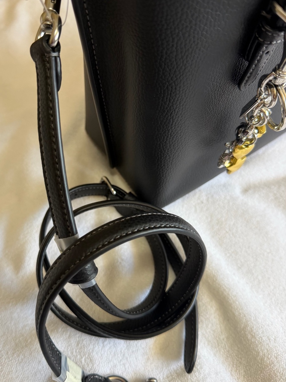 NWT Coach Mollie Tote 25 Black Metallic Logo Bundle w/ Strap and charm - Picture 8 of 14